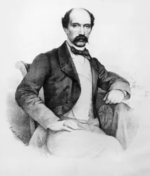 Portret markiza Ferdinando Bartolommei (1821-1869), włoskiego rewolucjonisty i polityka, który odegrał ważną rolę w wydarzeniach politycznych Toskanii w latach 1848-1860, rycina