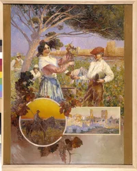 Aigues Mortes (Aigues-Mortes), Arles, Camargue: młoda kobieta pokazuje piękną kiść winogron, którą właśnie zebrała z winnicy. David Dellepiane (1866-1932), puentylizm. Obowiązkowa wzmianka: Collection fondation faith de Provence, Marseille (cm 1