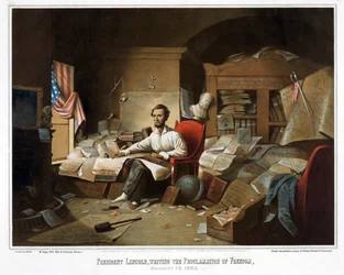 Prezydent Lincoln, piszący Proklamację Wolności, 1 stycznia 1863, wyd. 1864