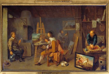 Warsztat malarski z modelką pozującą i szlifierką kolorów. Obraz Davida III Ryckaerta (1612-1661), Ec. Bujda