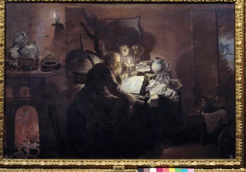 Alchemik w swoim studio. Obraz Davida Ryckaerta III (Rijckaert) (1612-1661) Ec. Bujda.