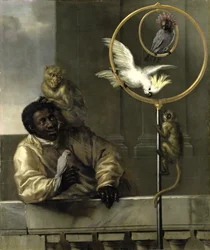 Czarny człowiek z papugami i małpami, 1670