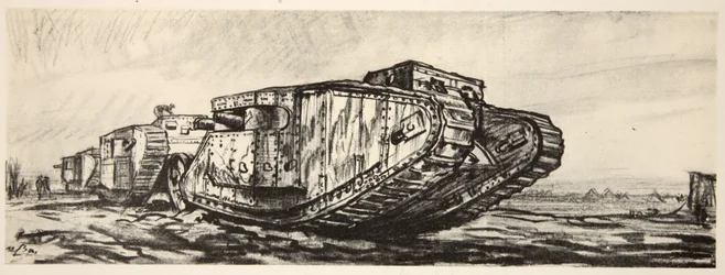 Linia czołgów, ilustracja z "The Western Front", wyd. przez Country Life Ltd