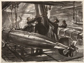 W zanurzonej torpedowni pancernika, ilustracja z "Frontu Zachodniego", wyd. przez Country Life Ltd.