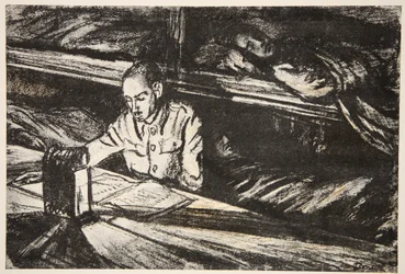Na statku szpitalnym nocą: sanitariusz, ilustracja z "The Western Front", wyd. przez Country Life Ltd.