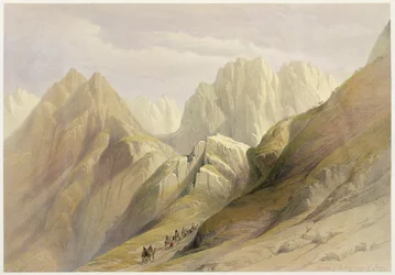 Wejście na dolne pasmo Synaju, 18 lutego 1839, tablica 114 z tomu III „Ziemia Święta”, sztychowana przez Louisa Haghe (1806-85) wyd. 1849