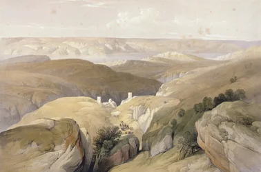 Klasztor św. Saby, kwiecień 1839, z tomu II „Ziemia Święta”; grawerowane przez Louisa Haghe (1806-1885) opublikowane w Londynie, 1842