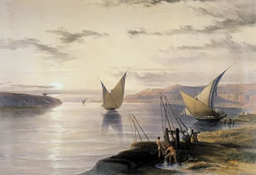David Roberts (1796-1864) brytyjski (szkocki) artysta. Akwarela "Łodzie na Nilu". U dołu po prawej woda jest podnoszona za pomocą shadufa. Muzeum Wiktorii i Alberta, Londyn