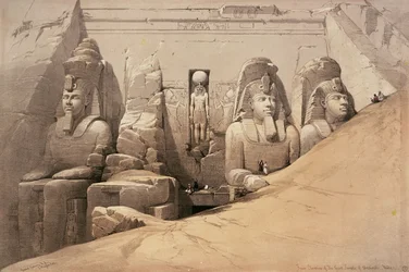 Elewacja frontowa Wielkiej Świątyni Aboo Simbel, Nubia, z obrazu „Egipt i Nubia”, litografia Louisa Haghe, 1849