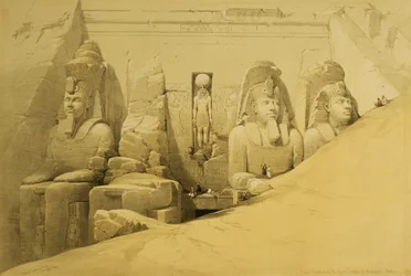 Widok frontowy Wielkiej Świątyni w Abu Simbel, Nubia, tablica 44 z tomu II „Egypt and Nubia”, rytowana przez Louisa Haghe