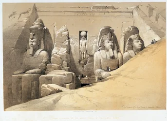 Elewacja frontowa wielkiej świątyni Aboo Simbel (Abu Simbel, Abu lub Abu Simbel), Nubia (Nubia) w „Ziemi Świętej”, Londyn 1849