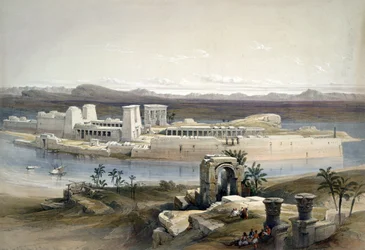 Widok ogólny wyspy Philae w Nubii", listopad 1838. Według akwareli Davida Robertsa (1796-1864), szkockiego artysty i orientalisty. Świątynia Starożytny Egipt Archeologia Religia Mitologia Ruiny