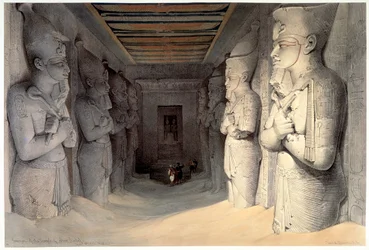 Olbrzymie wapienne posągi Ramzesa II, świątynia Ramzesa, Abu Simbel, Egipt, 1836