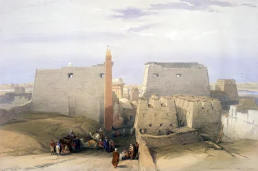 Wielkie wejście do świątyni w Luksorze": litografia według akwareli Davida Robertsa (1796-1864), szkockiego artysty. Starożytny Egipt Archeologia Budownictwo Architektura