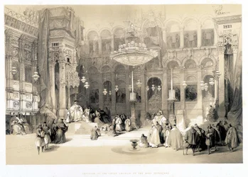 Wnętrze kościoła Creek of the Holy Sepulchre, rysunek wykonany 11.04.1839 w „Ziemi Świętej”, Londyn 1849
