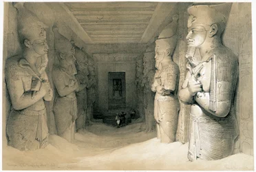 Wnętrze świątyni Aboo Simbel (Abu lub Abu Simbel), rysunek wykonany 11.09.1836 w „Ziemi Świętej”, Londyn 1849