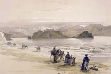 Isle of Graie, Gulf of Akabah, Arabia Petraea, 27 lutego 1839, tablica 108 z tomu III "The Holy Land", rytował Louis Haghe (1806-85) pub. 1849