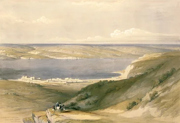 Jezioro Galilejskie lub Genezaret, patrząc w kierunku Baszanu, 21 kwietnia 1839, tablica 36 z I tomu "Ziemi Świętej", rytował Louis Haghe (1806-85), pub. 1842