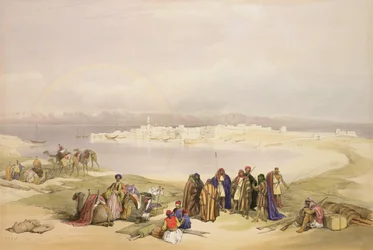 Suez, 11 lutego 1839, tablica 124 z tomu III "Ziemi Świętej", sztychowana przez Louisa Haghe (1806-1885) wyd. 1849