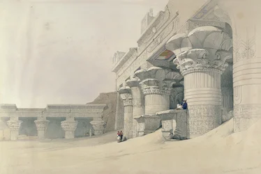 Świątynia Horusa, Edfu, z „Egiptu i Nubii”, rytowana przez Louisa Haghe (1806-1885) opublikowana w Londynie, 1838