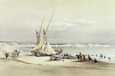 Tsur, starożytny Tyr, 27 kwietnia 1839, tablica 69 z tomu II „Ziemia Święta”, sztychowana przez Louisa Haghe (1806-1885) wyd. 1843