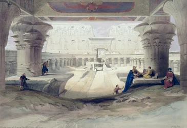Widok spod portyku świątyni w Edfu, Górny Egipt, tablica 32 z tomu I dzieła Egipt i Nubia, rytowana przez Louisa Haghe