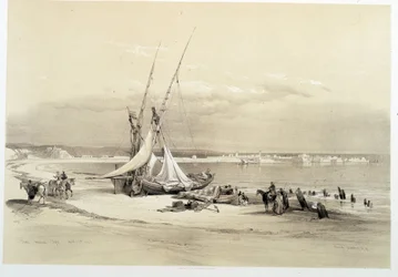 Widok miasta Tyru (Tyru) w Libanie, rysunek wykonany 27.04.1839 w „Ziemi Świętej”, Londyn 1849