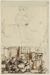 Ludzie przy stole (recto) i gabinet toalety (verso)
