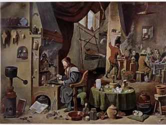 Laboratorium alchemika w XVII wieku - wg obrazu Davida Téniersa Młodszego