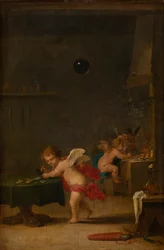 Amoretti w pracowni alchemika, ok. 1635-37 (olej na drewnie dębowym)
