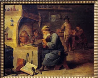 Alchemik. Obraz Davida Teniersa II o nazwie David Le Jeune (1610-1690), Ec. Płomień