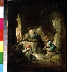 Kuszenie św. Antoniego. Obraz Davida Teniersa młodszego (1610-1690). Olej na drewnie, 24,6 x 20,3 cm, ok. 1640. Sztuka flamandzka, Sztuka baroku. Muzeum Sztuk Pięknych im. Puszkina w Moskwie.