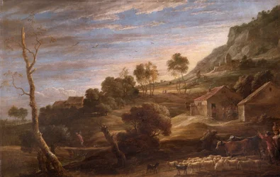 Krajobraz z chłopami zaganiającymi bydło, ok. 1670-90 (olej na płótnie)