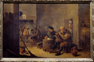 Palenie w gospodzie. XVII wiek. Słońce. 0,4 x 0,62 m. Madryt, Muzeum Prado