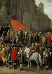 Gra papegai w Brukseli 1652 Gra polegająca na strzelaniu do tarczy wykonanej z drewnianego lub tekturowego ptaka umieszczonego na szczycie słupa (detal)
