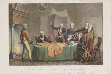 Przyjęcie Wysokiego Panowania przez Triumwirat w imieniu Księcia Orańskiego, 21 listopada 1813 r. Przywróć holenderski rząd do Holandii. (20 listopada 1813) (tytuł na obiekcie)