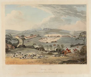 [Polowanie na lisy] zestaw czterech: (3) Full Cry / Hounds Crossing the Brighton Road at Mersham