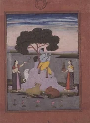 BL kat. nr 428, z albumu Johnsona nr. 20 pkt 3, Kriszna bawiący się z dwoma gopi, Hyderabad, ok. 1770 (gwasz ze złotą, różowo zabarwioną obwódką)