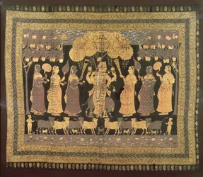 Krishna i jego Gopi (nieprzezroczysta akwarela, złoto i srebro na barwionej bawełnie)