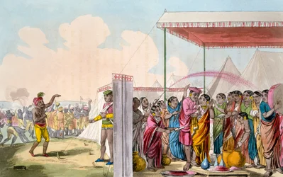 Gra na Hohlee, z „Strój, charakter, maniery, zwyczaje domowe i ceremonie religijne Mahrattów” T. D. Broughtona, akwaforta Baxtera, 1813
