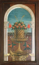 Kosz owoców, obraz Defendente Ferrari (1480 lub 1485-1540) na tylnej części XVI-wiecznego chóru, kościół św. Hieronima, Biella. Włochy