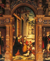 Szopka, fragment ołtarza z XVI wieku, Defendente Ferrari (1480 lub 1485-1540), opactwo św. Antoniego z Ranverso, Buttigliera Alta, Włochy