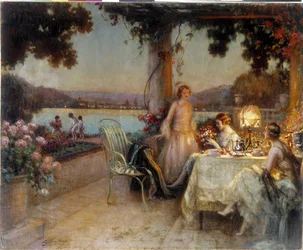 Wieczorem na tarasie. Obraz Delphina Enjolrasa (1857-1945), Wzmianka obowiązkowa: Kolekcja fundacja pozdrawia de Provence. Marsylia (cm 57x73) DR