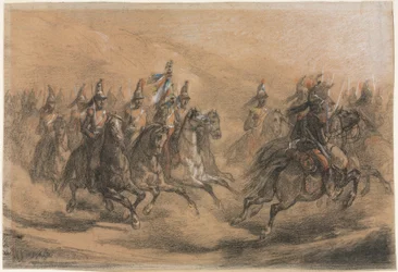 Szarża kawalerii, ok. 1840 r. (czarna, czerwona, żółta, niebieska i biała kreda)