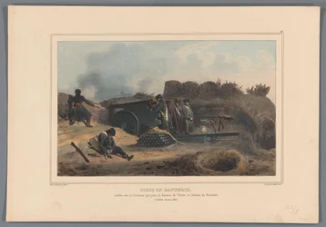 Geschut w akcji, 1832 Kawałek baterii, założony na Courtine, która łączy Bastion Toledo z Bastionem Fernando (tytuł na obiekcie) Rysunki wykonane z życia podczas oblężenia Cytadeli w Antwerpii przez Raffeta (tytuł serii na obiekcie)