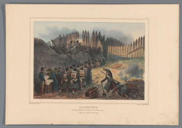 Grupa żołnierzy wędrowała po otwarciu drzwi w de palisade, 1832 r. Kaponier, praca palisadowa przed półksiężycem (tytuł na obiekcie) Rysunki wykonane z życia podczas oblężenia Cytadeli w Antwerpii przez Raffeta (tytuł serii na obiekcie)