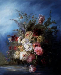 Martwa natura. Bukiet kwiatów nad wodą z różami i tulipanami. Malarstwo Denis Pierre Bergeret (1846-1910) Prywatna kolekcja.