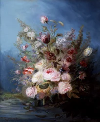 Martwa natura. Bukiet kwiatów nad wodą z różami i tulipanami. Malarstwo Denis Pierre Bergeret (1846-1910) Prywatna kolekcja.
