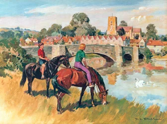 Angielska scena wiejska (kolorowa litografia)