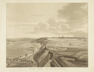 Widok na krajobraz na południowy wschód od Nijmegen Na południowy wschód (tytuł na obiekcie) Zabytki wokół miasta Nijmegen (tytuł serii) Panorama Geldersch lub okrągły widok życia narysowany na belwederze w Nymegen (tytuł serii)